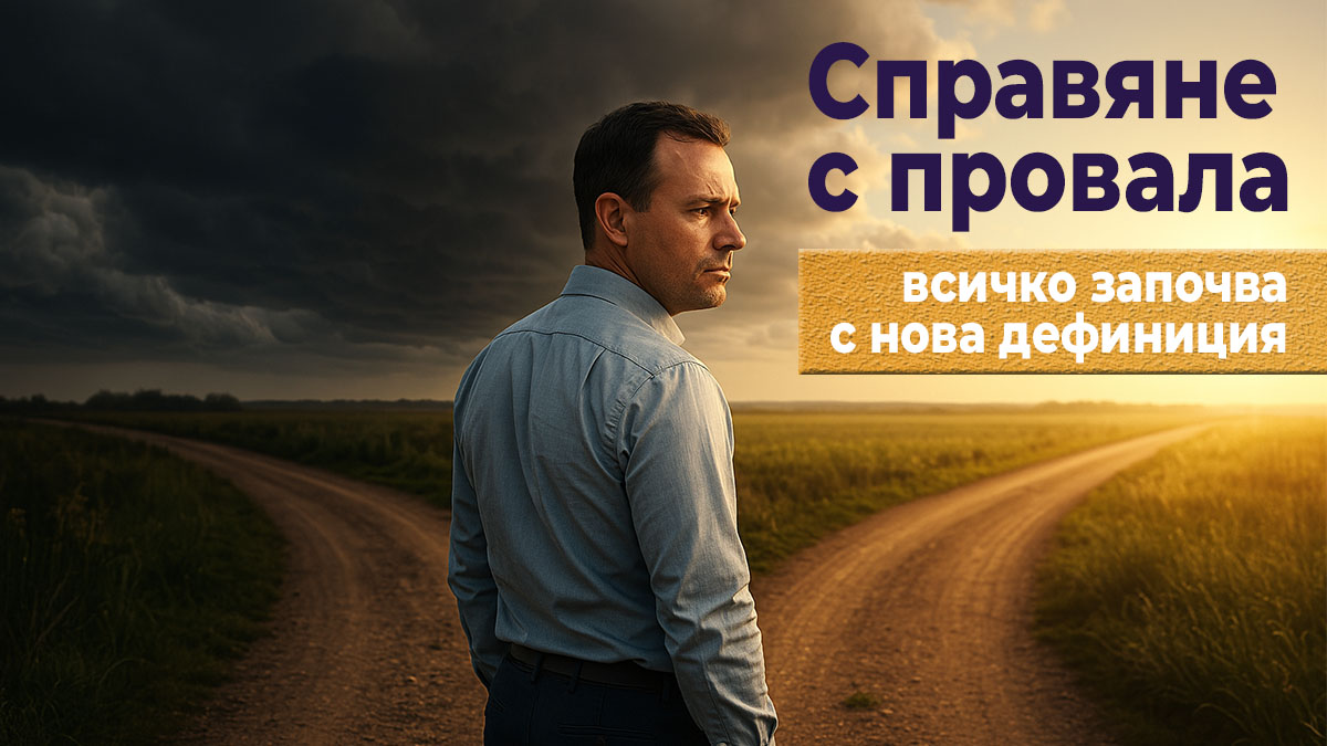 Мъж на кръстопът между буря и ясно небе – символ на избора как да възприемеш провала и посоката към личностно израстване